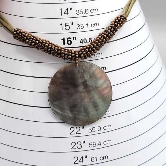 Lia Sophia Corded Bronze Beaded Necklace MOP Mother of Pearl Pendant 16 in - Picture 7 of 7
